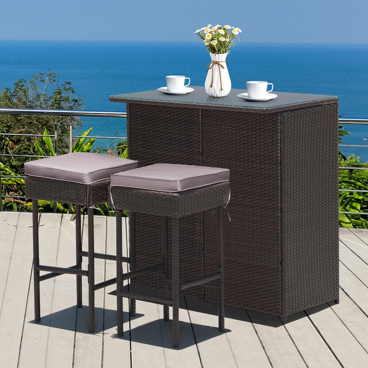 3-piece Rattan Wicker Bar Table Stools Dining Set Cushioned Chairs