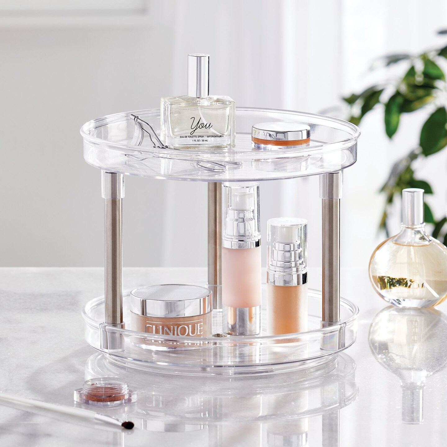 mDesign Spinning 2-Tier Lazy Susan Turntable Bathroom Storage Tower