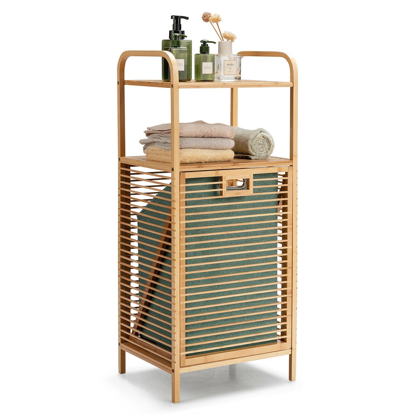 Tilt-out Bamboo Laundry Hamper with 2-Tier Shelf and Removable Liner-Natural