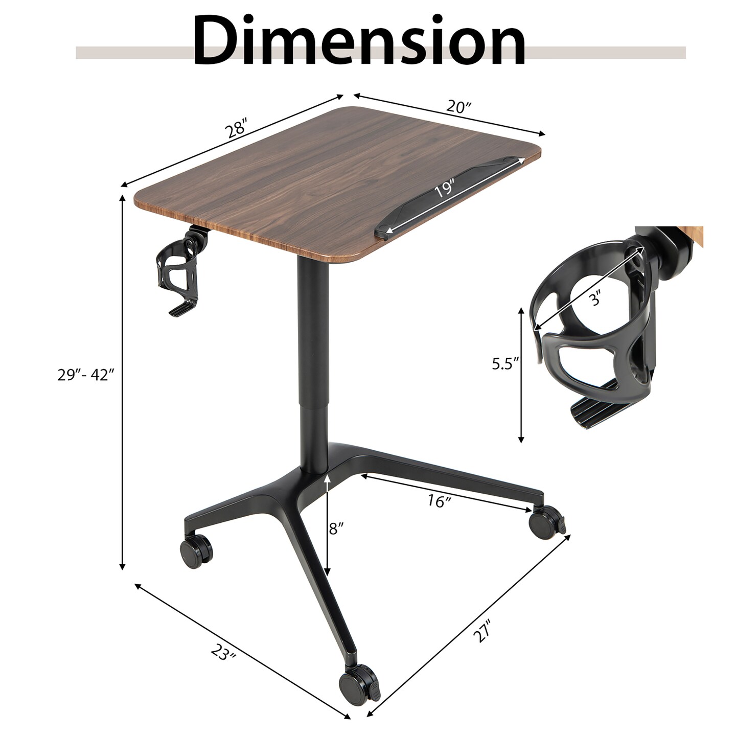 Costway Pneumatic Standing Desk Tilting Adjustable Laptop Cart Mobile Podium Cup Holder