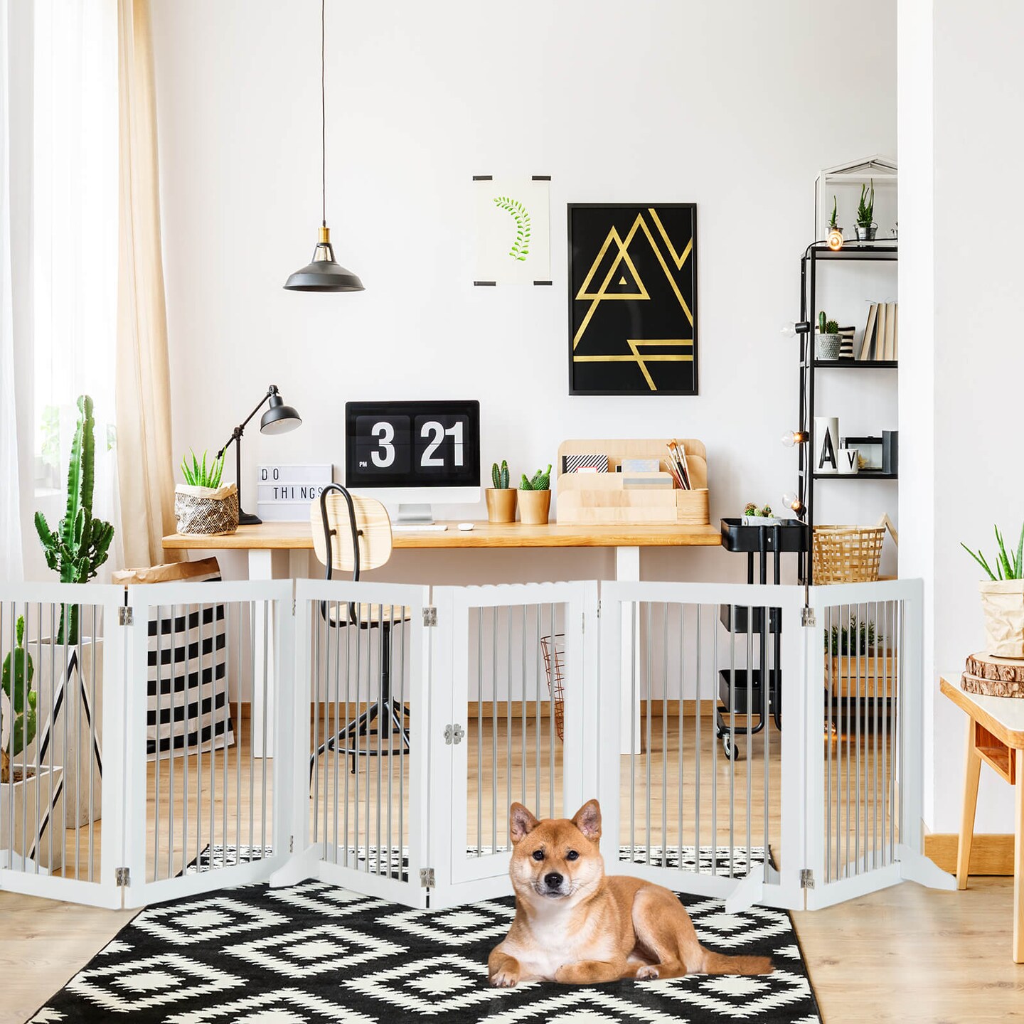 Freestanding 6-Panel Dog Gate with 4 Support Feet for Stairs-White
