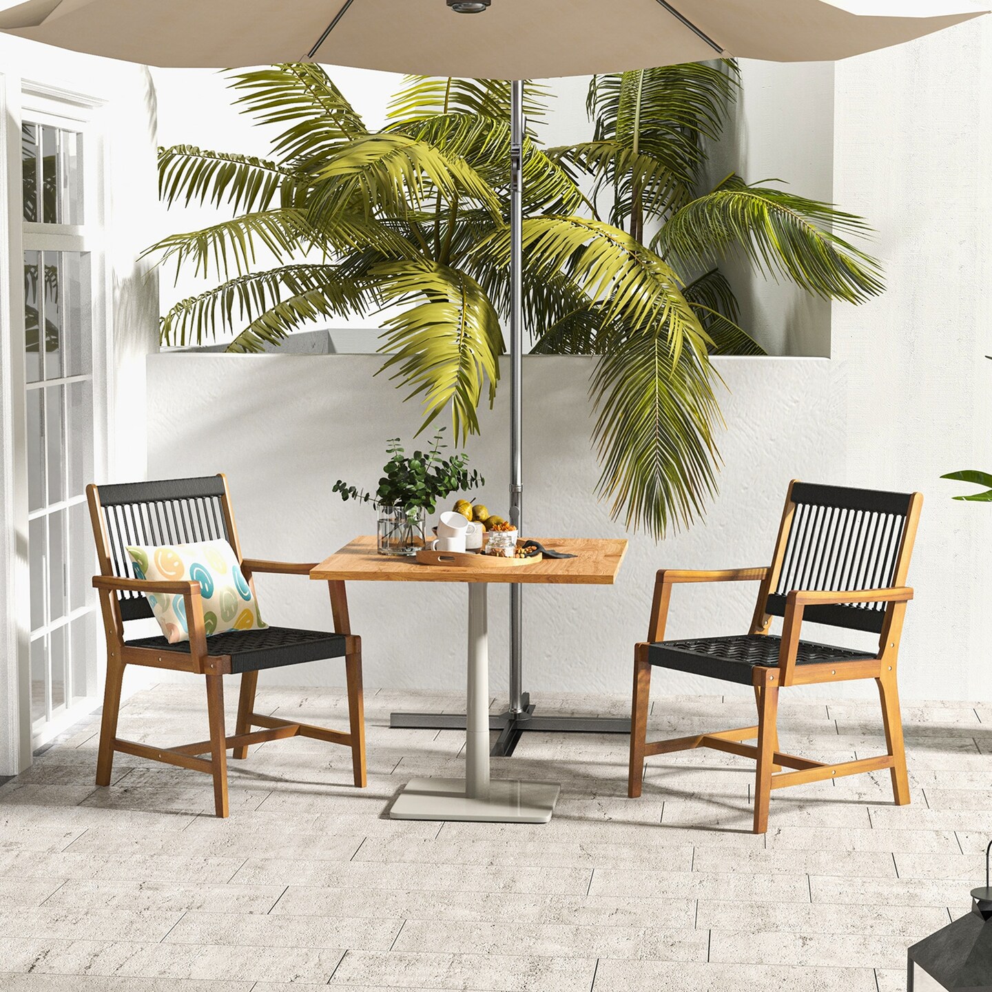 Costway Patio 2pcs Acacia Wood Dining Chairs All-Weather Rope Woven Armchairs Outdoor