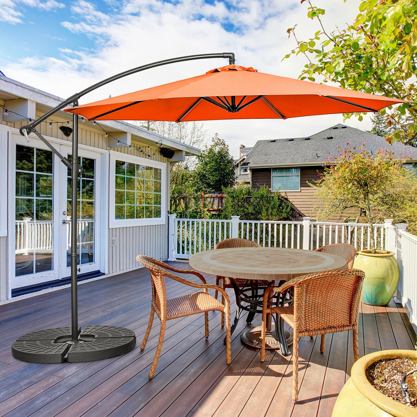 4' patio umbrella Heavy Duty Patio Umbrella Base,4Pcs Umbrella Stand for 10-15FT Cantilever Umbrella,330lb Capacity Outdoor Umbrella Base, Filled with Water or Sand