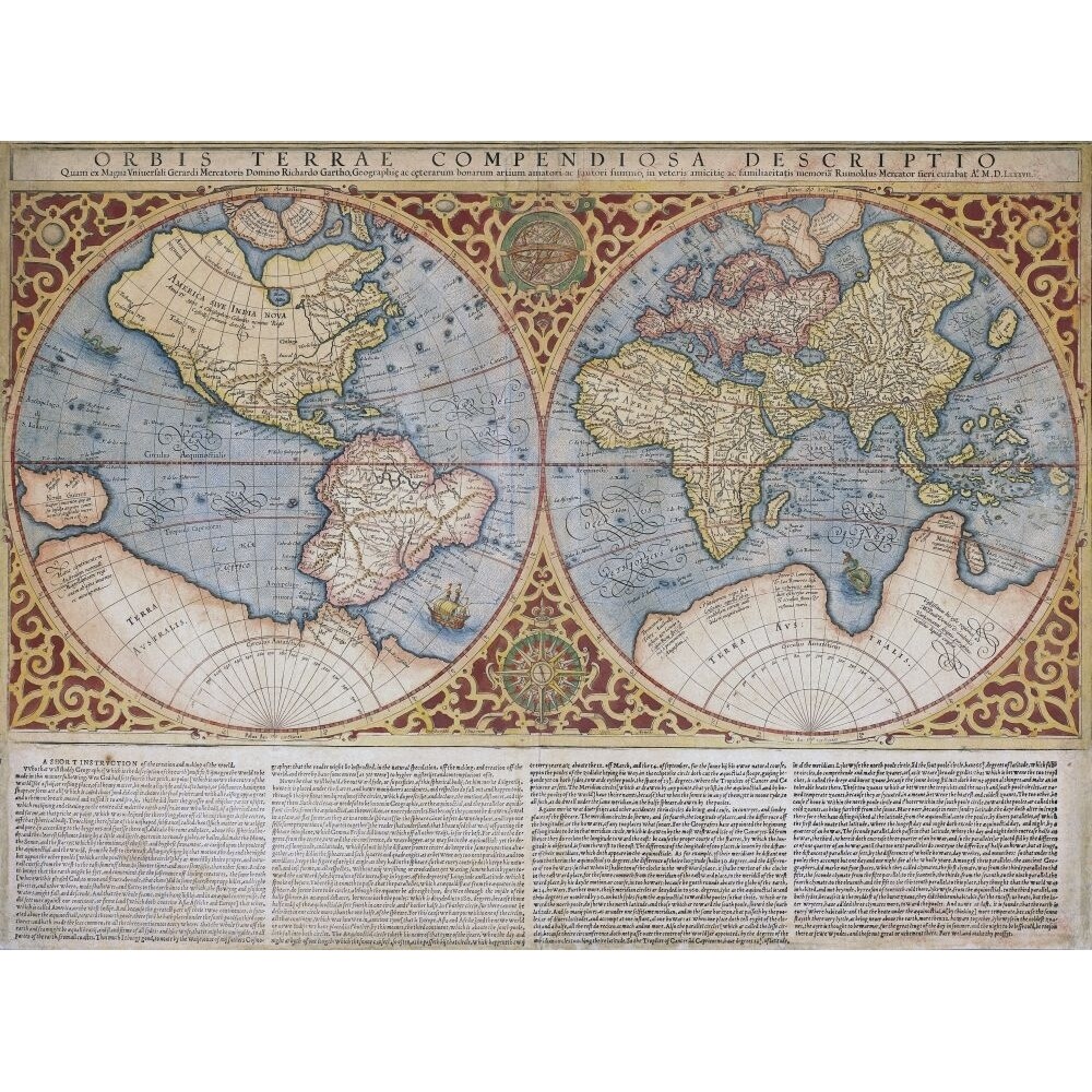 Map Of The World By Gerard Mercator First Published Circa 1595. Orbis Terrae Compendiosa Descriptio. Poster Print By Ken