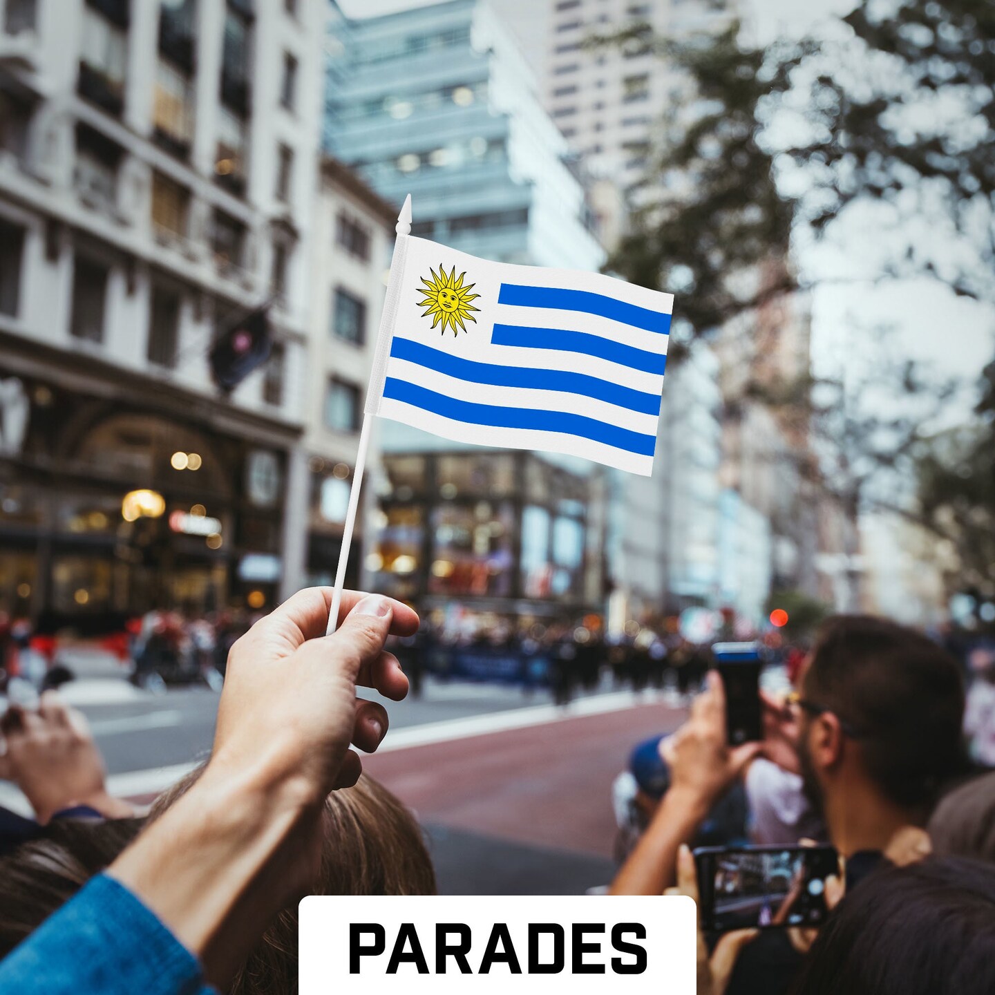 G128 12 Pack Handheld Uruguay Uruguayan Stick Flags | 4x6 In | Printed 150D Polyester, Country Flag, Solid Plastic Stick, Spear White Tip