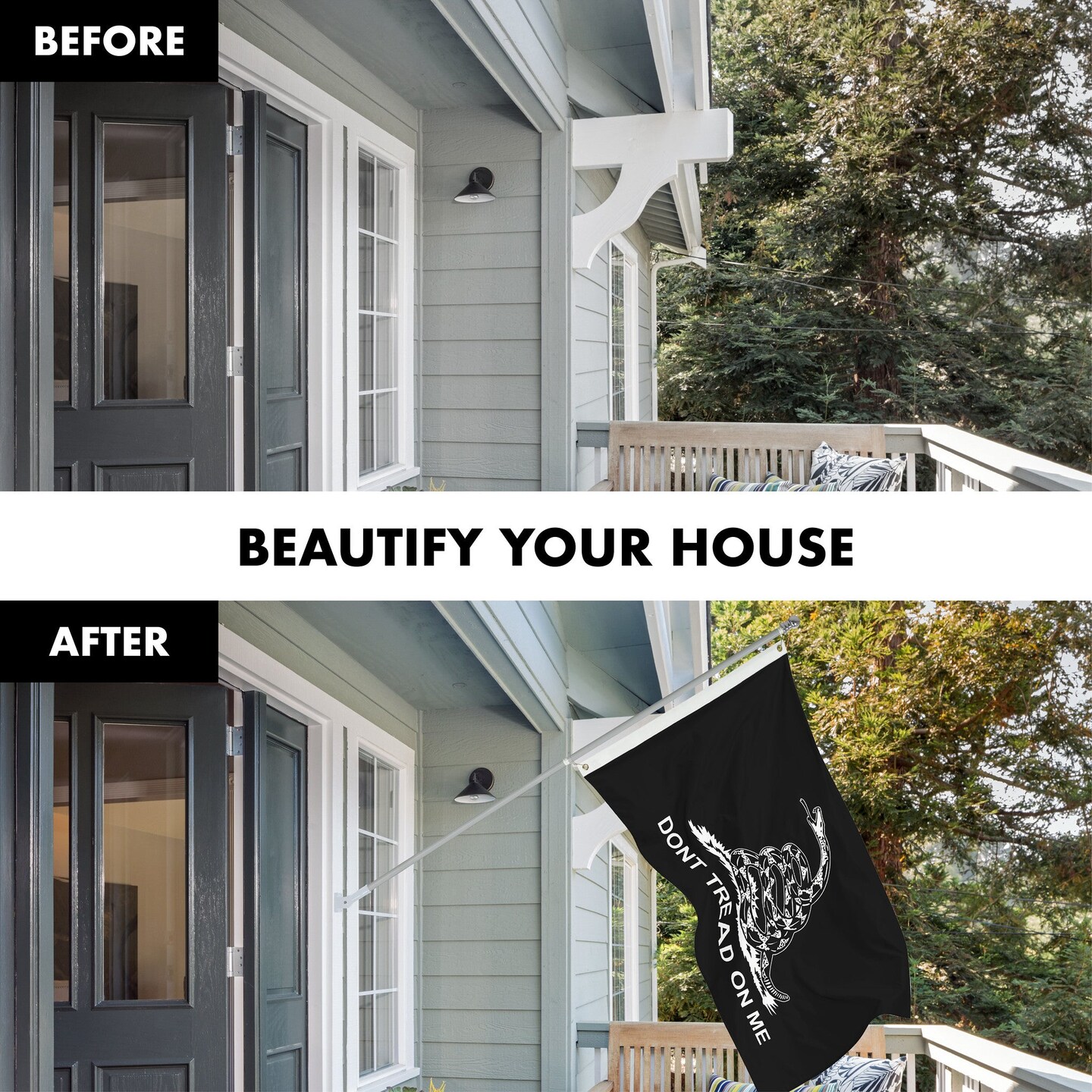 G128 Combo Pack: Flag Pole 6 FT Silver Tangle Free &#x26; Gadsden Black and White Flag 3x5ft 150D Printed Polyester
