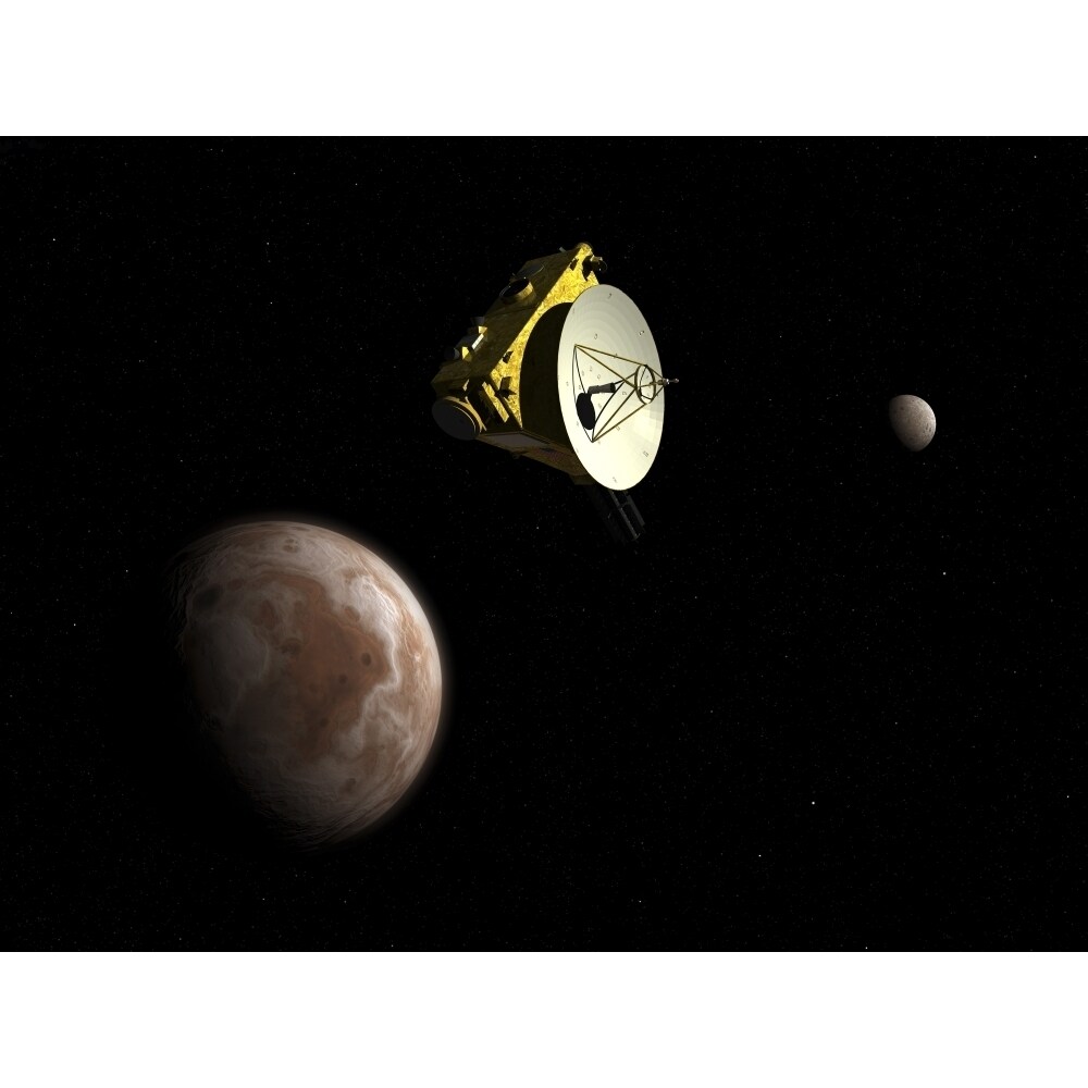 Posterazzi Horizons spacecraft flies by dwarf planet Pluto and its moon Charon Poster Print