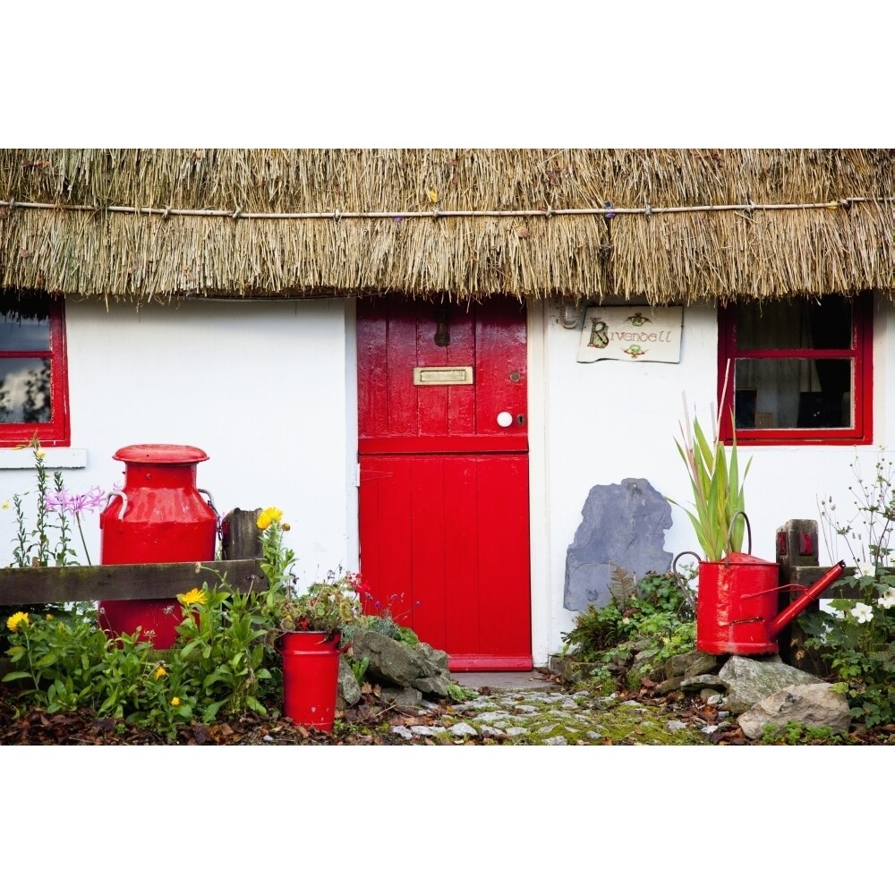 Traditional Irish Cottage With A Red Door And Red Decorative Items; Currabinny County Cork Ireland Print