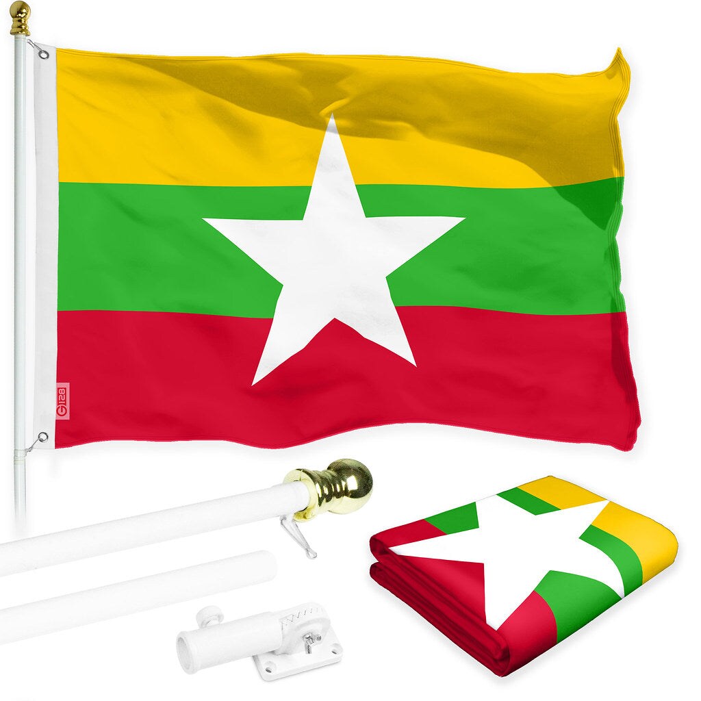 G128 Combo Pack: 6 Ft Tangle Free Spinning Flagpole (White) &#x26; Myanmar Flag 3x5 Ft Printed 150D Polyester, Brass Grommets (Flag Included) Aluminum Flag Pole