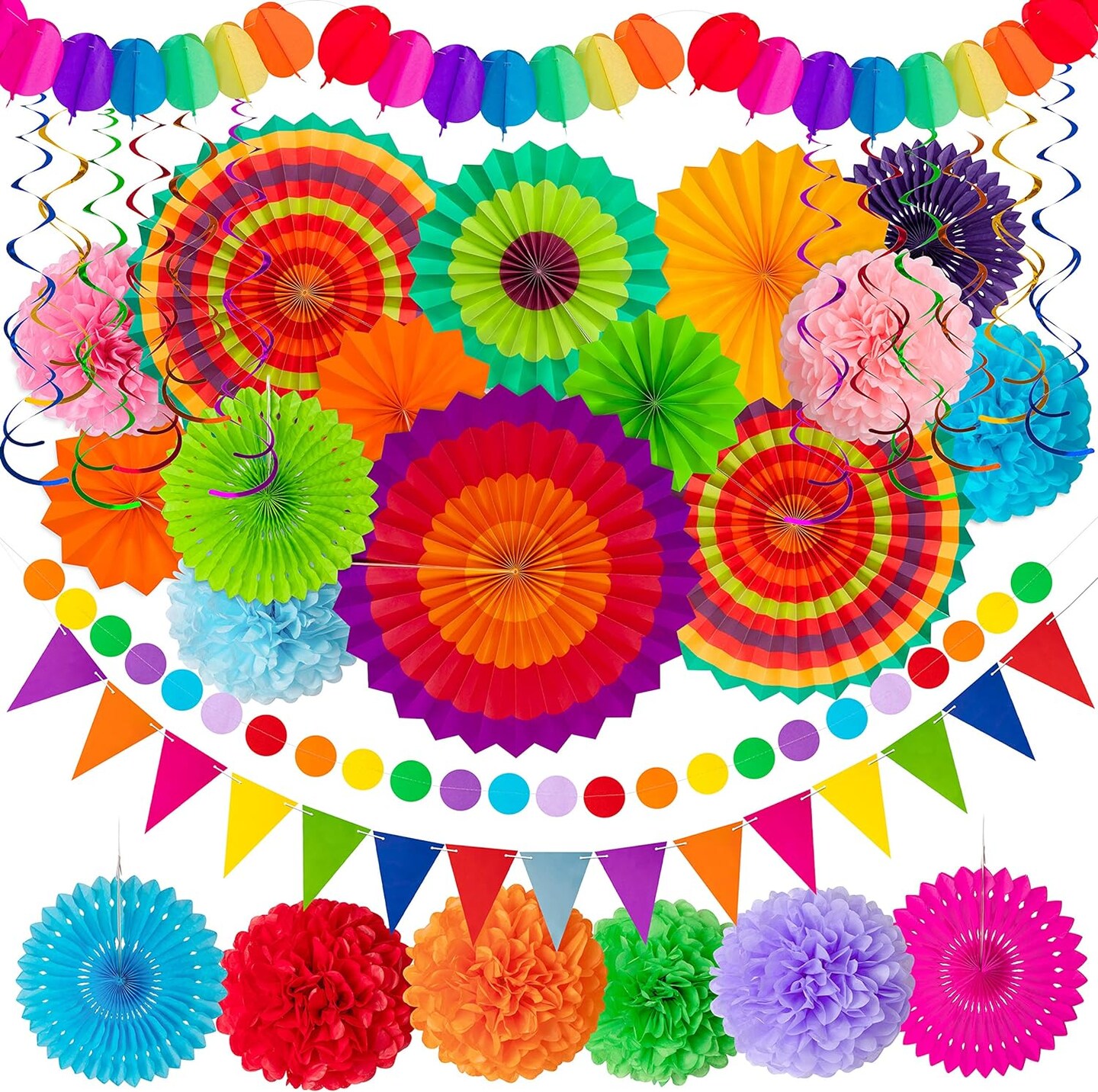 35PCS Fiesta Paper Fan Party Decorations Set - Cinco De Mayo Pom Poms,Pennant,Garland String,Banner,Hanging Swirls Decor Supplies&#xFF08;Multicolored)