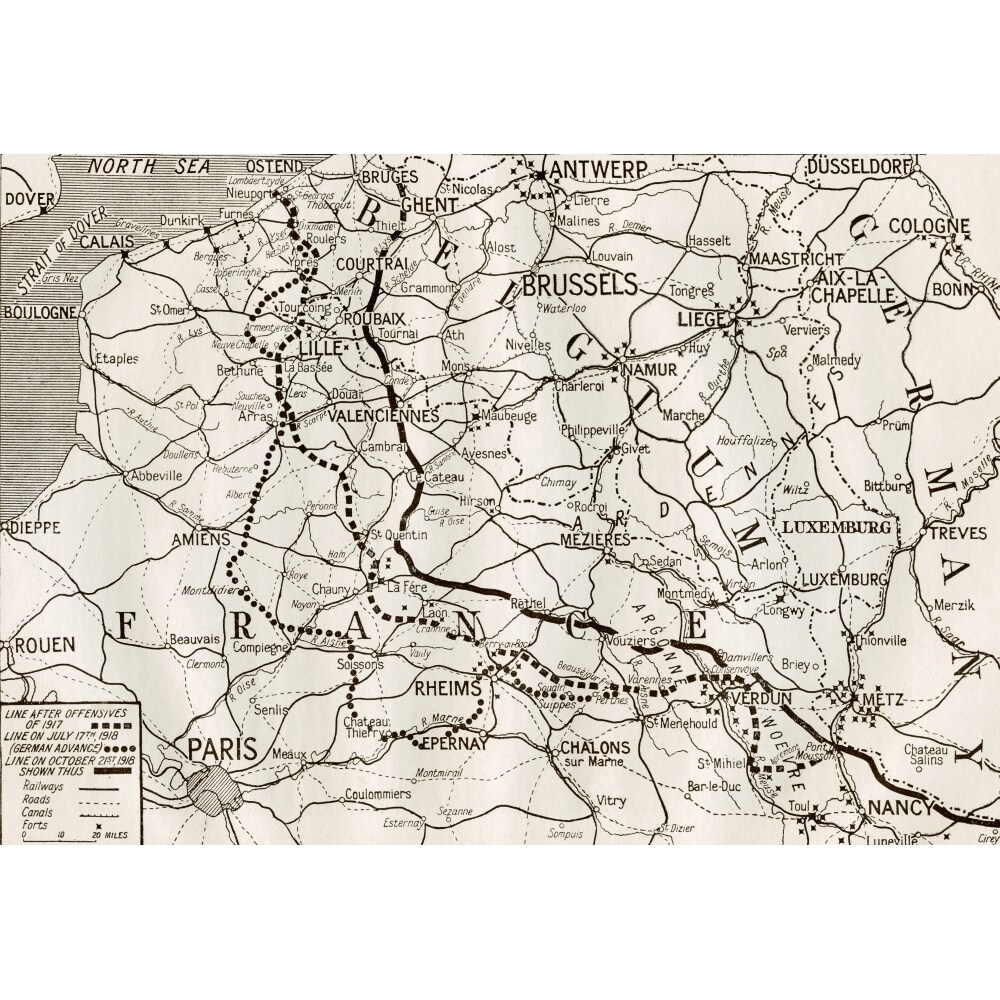 A Map Of The Western Front France In 1918 Showing The Front Lines On October 21St 1918 The German Advance
