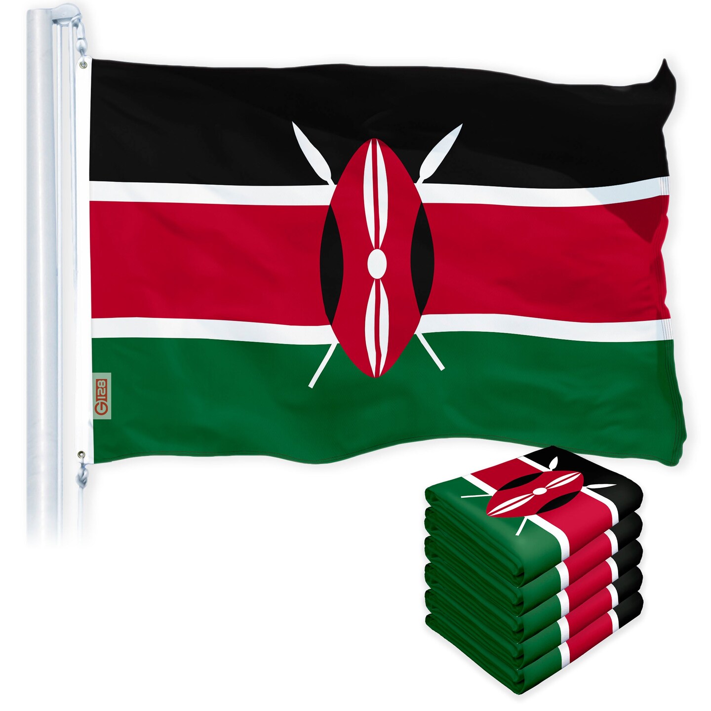 G128 5 Pack: Kenya (Kenyan) Flag | 3x5 feet | Printed 150D Indoor/Outdoor, Vibrant Colors, Brass Grommets, Quality Polyester, Much Thicker More Durable Than 100D 75D Polyester
