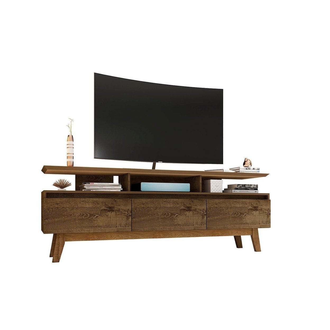 Manhattan Comfort Yonkers 70.86 TV Stand with Solid Wood Legs and 6 Media and Storage Compartments in Off White and Cinnamon