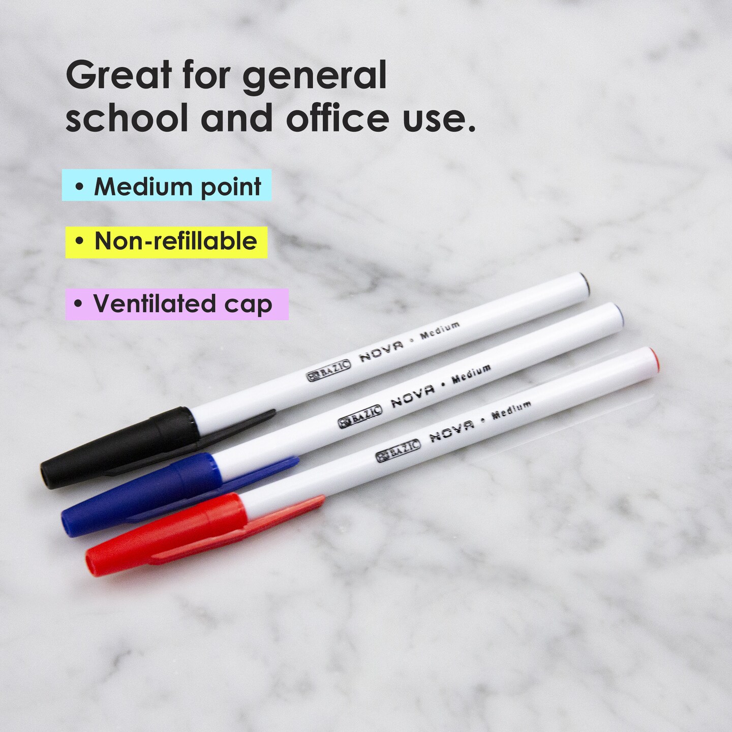 BAZIC Nova Assorted Color Stick Pen (12/Pack)
