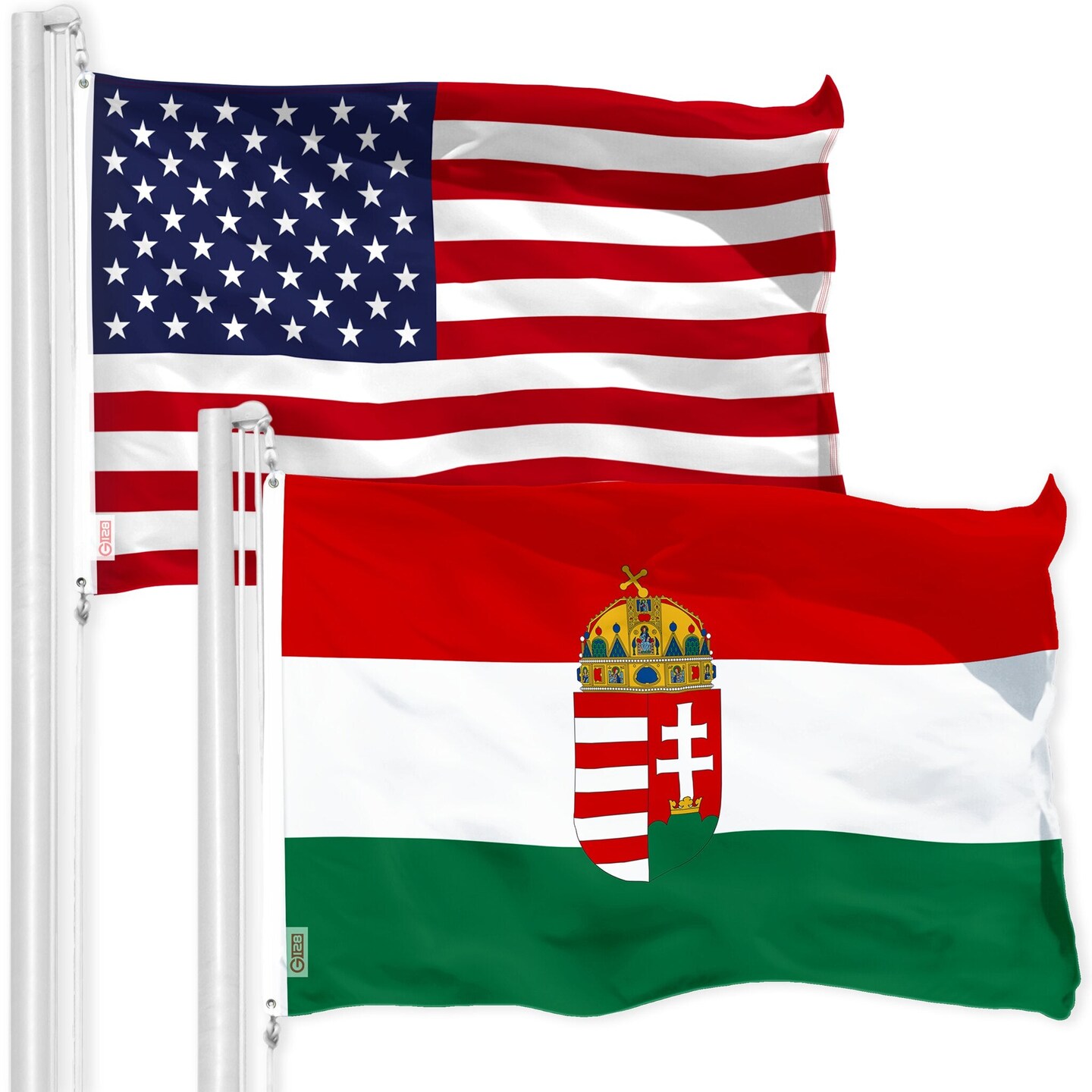G128 Combo Pack: American USA Flag 150D 3x5 Ft &#x26; Hungary Coat of Arms Flag 300D 3x5 Ft, Indoor/Outdoor, Brass Grommets