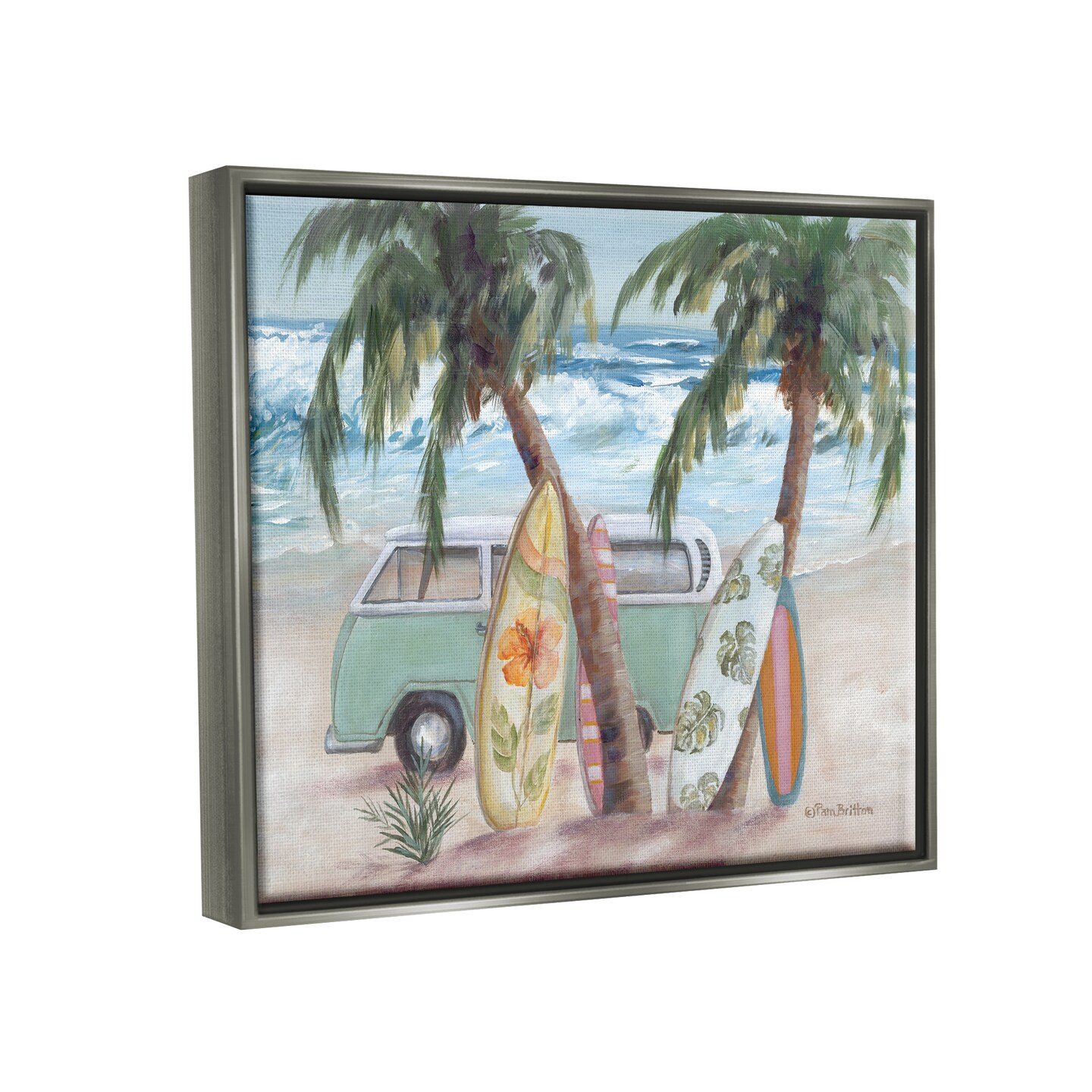 Stupell Industries Summer Waves Tropical Van Surfboards Black Framed Floater Canvas Wall Art