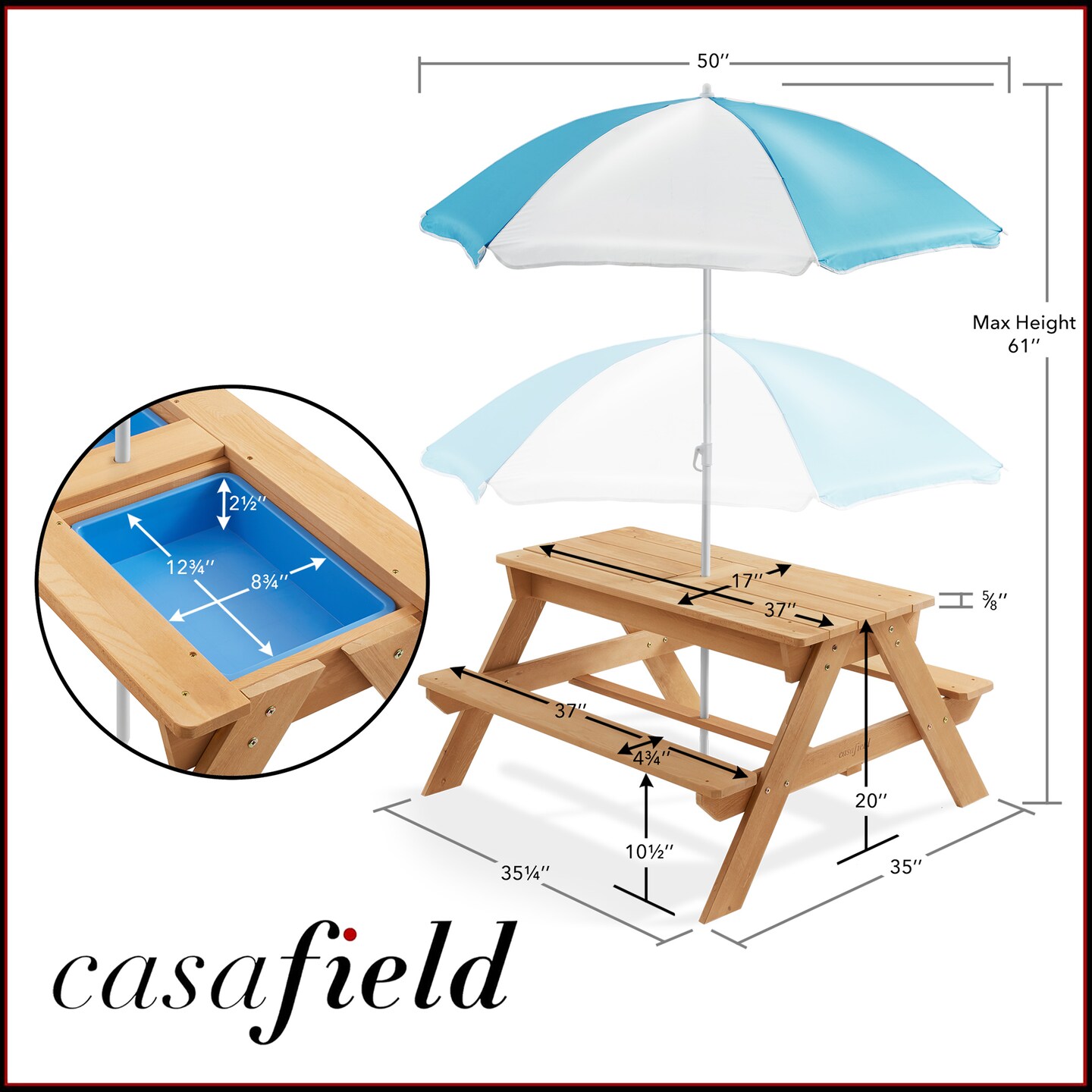 Casafield Children&#x27;s Sand and Water Activity Table, 3-in-1 Wooden Outdoor Picnic Table with Umbrella, 2 Play Boxes and Removable Lid, Natural