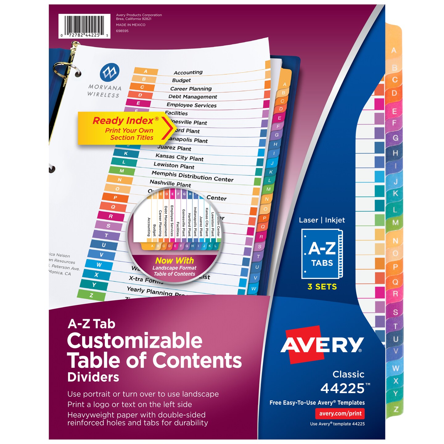 Avery Ready Index A-Z 26 Tab Binder Dividers, Customizable Table of Contents, Multicolor Tabs, 3 Sets (44225)