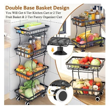 4-Tier Slim Fruit Basket, Wire Fruit Basket Stand Organizer for Snack Produce Onion, Potato, Fruit, Vegetable, Rolling Storage Rack on Wheels for Small Space in Kitchen