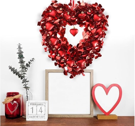 Tinsel Heart Shaped Wreath for Valentine's Day Red Heart Wreath Heart Balls. Valentine's Day Decorations for Front Door Wedding Party Anniversary Wall Decor Gift for Girls Mother's Day