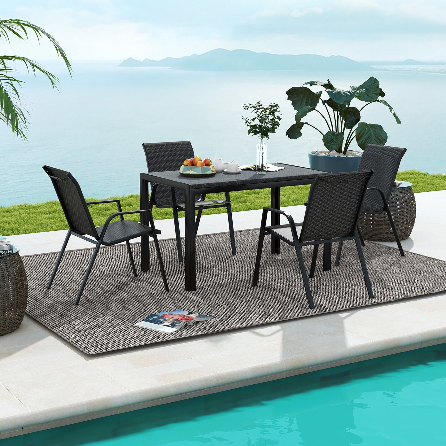4 Piece Patio Rattan Dining Chairs With Wicker Woven Seat And Back For Backyard Front Porch