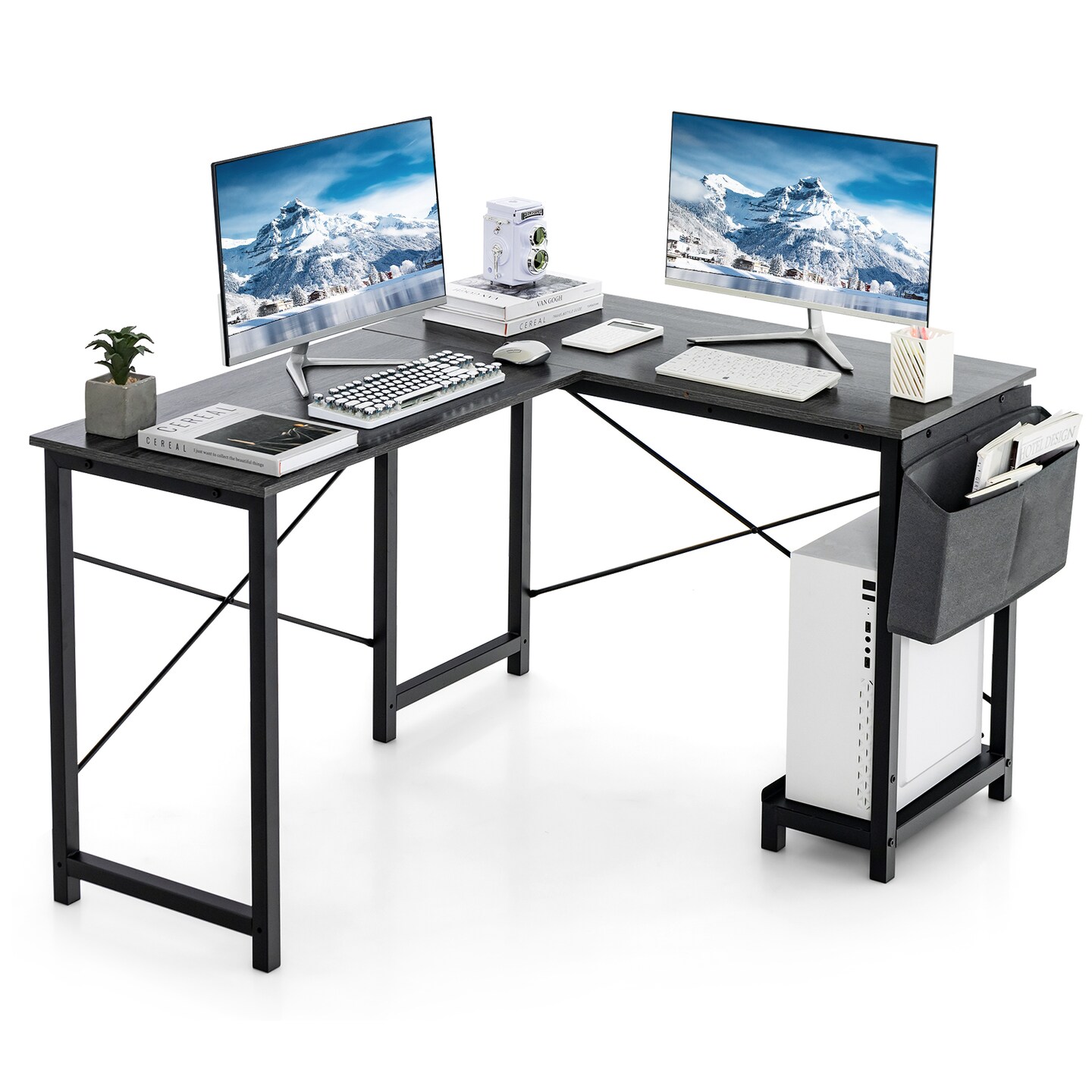 Dark Grey - Black Reversible Computer Desk with CPU Stand and Side Storage Pocket