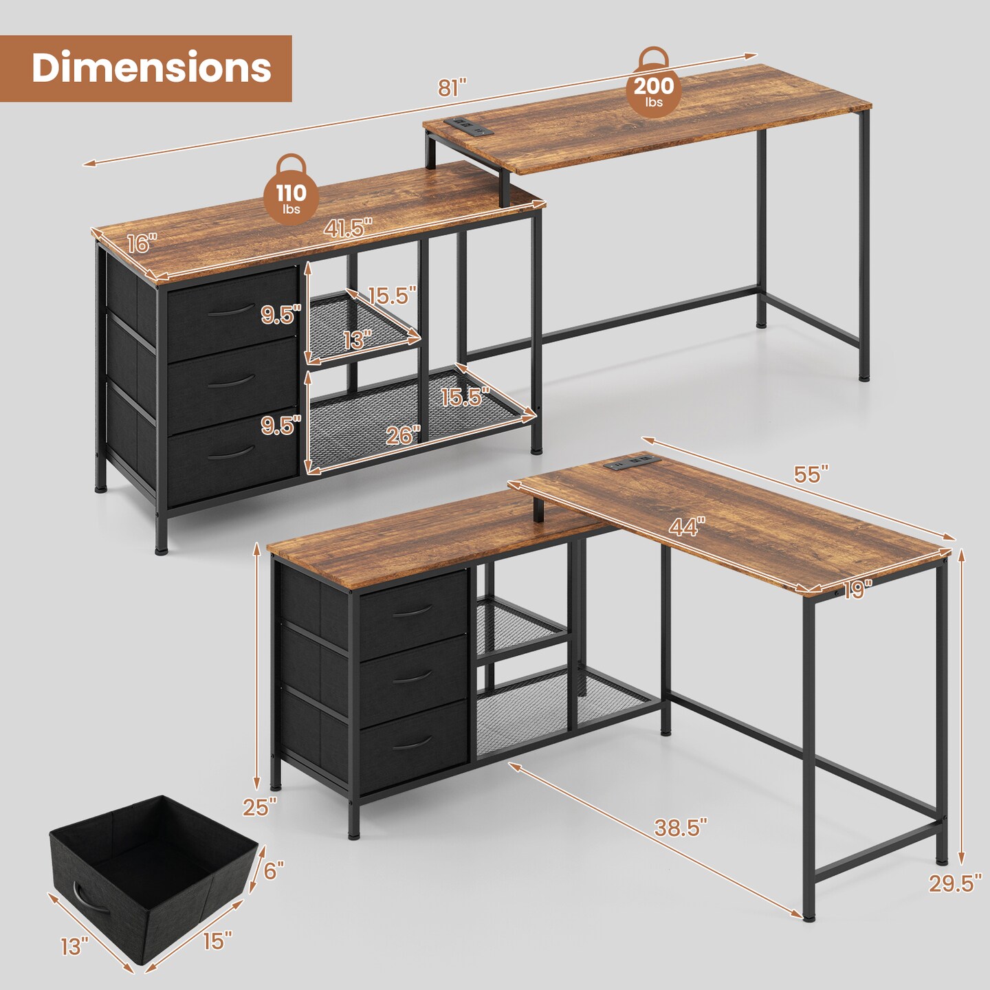 L-shaped Computer Desk With Power Outlet For Working Studying Gaming