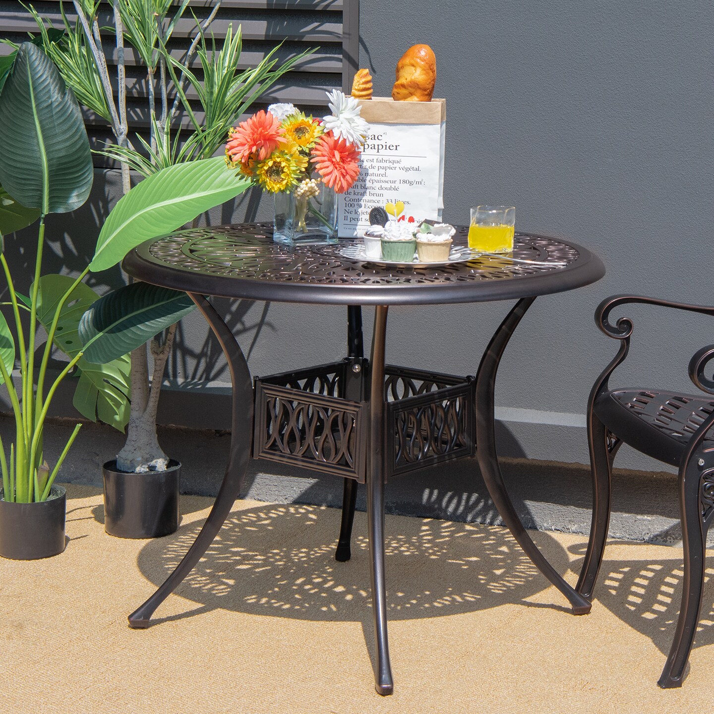 Brown Cast Aluminum Patio Table 36 Inch Outdoor Dining 4-Person Umbrella Hole