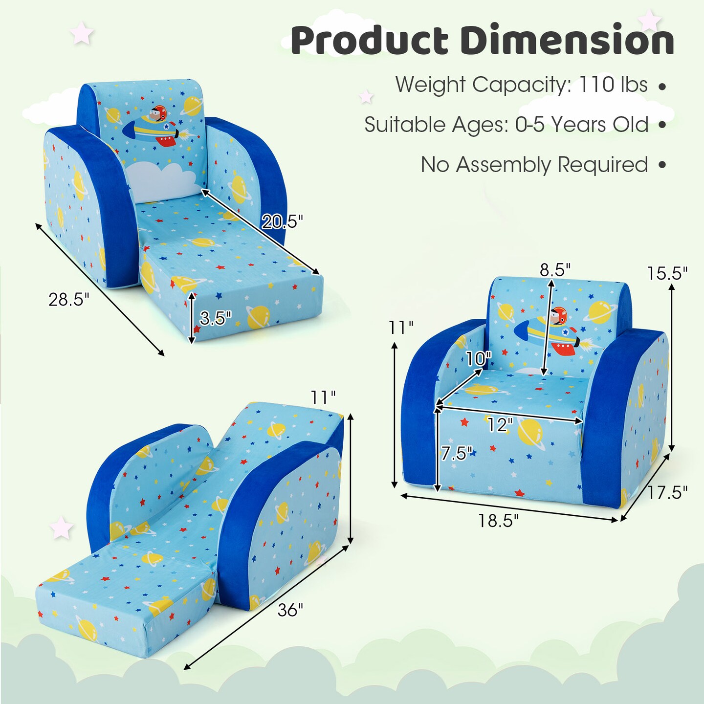 3 In 1 Convertible Flip Open Kids Sofa For Nap Play Sleep