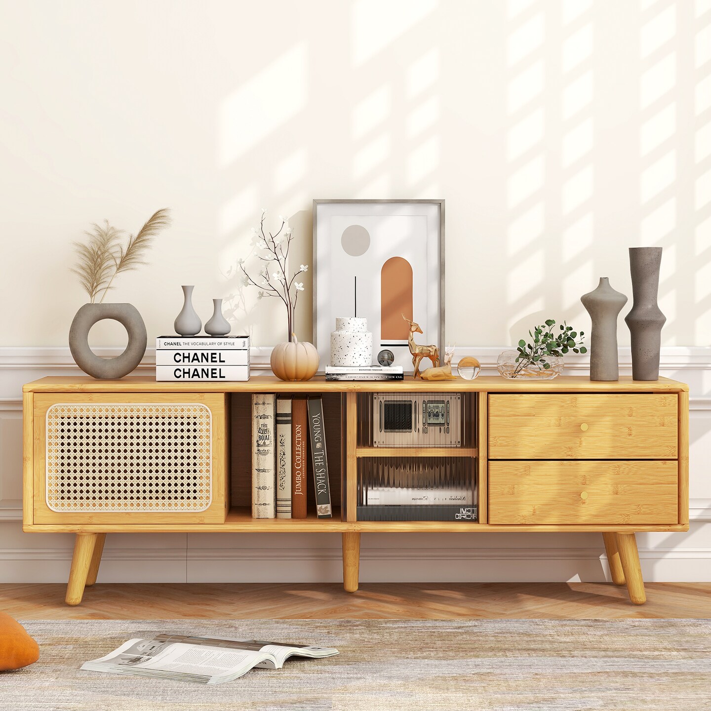 Wicker Tv Stand For Tv Up To 65 Inch-natural