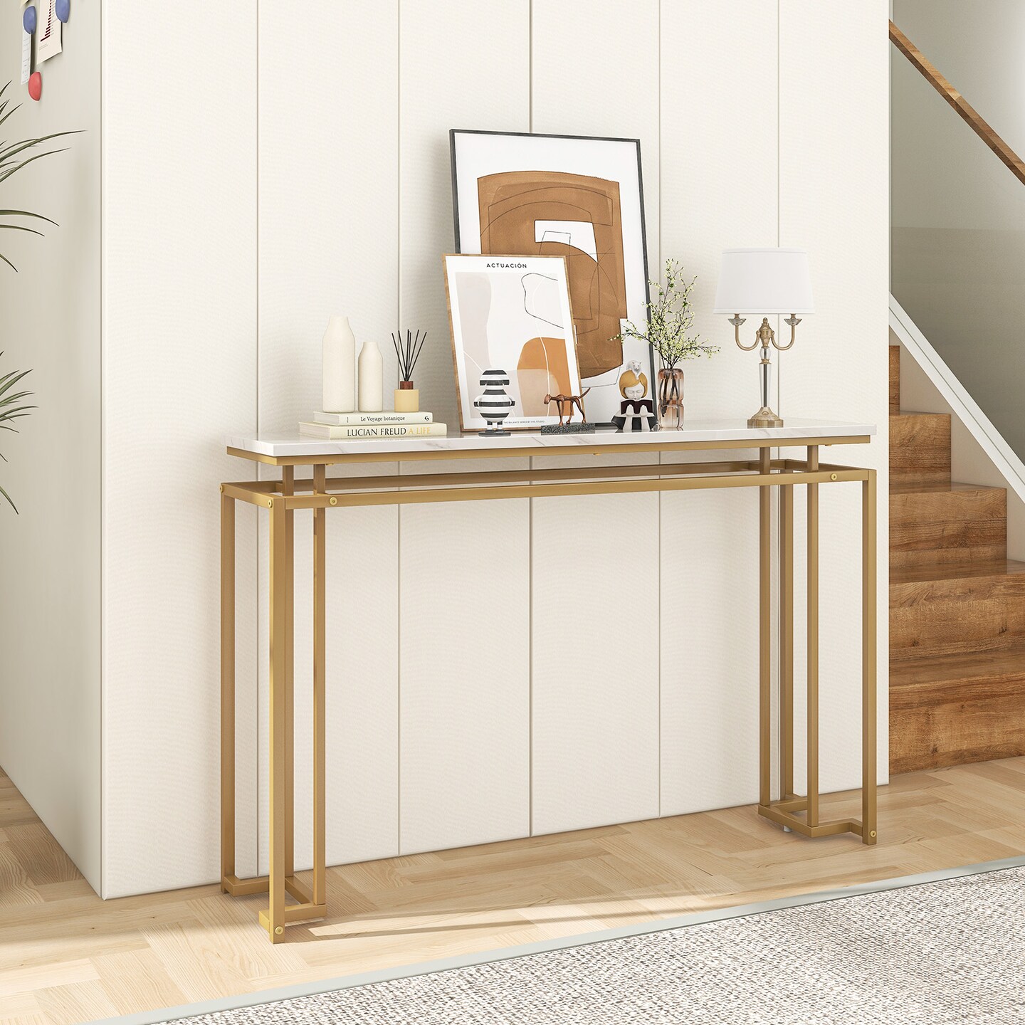 White Gold MDF Metal Marble Console Table 47 Inch with Anti-Tipping Design for Entryway and Living Room