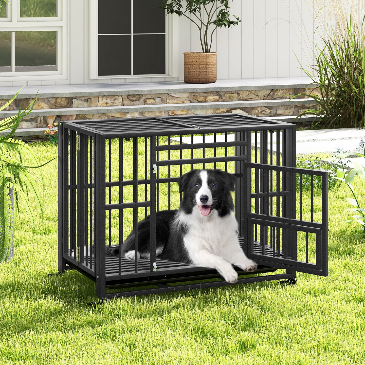 Foldable Heavy-Duty Metal Dog Cage Chew-proof Dog Crate with Lockable Universal Wheels - 37&#x22; x 23&#x22; x 30&#x22; (L x W x H)
