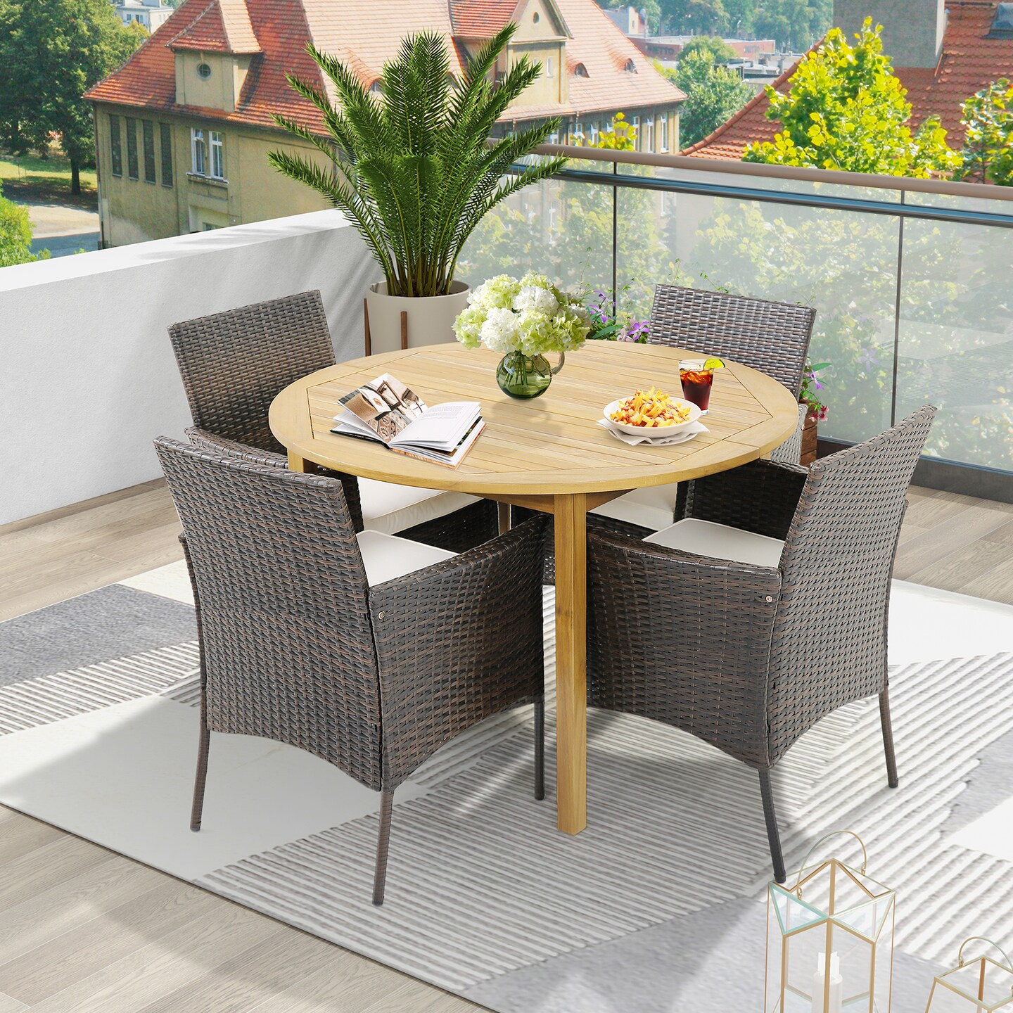 Set Of 4 Patio PE Wicker Dining Chairs with Seat Cushions and Armrests