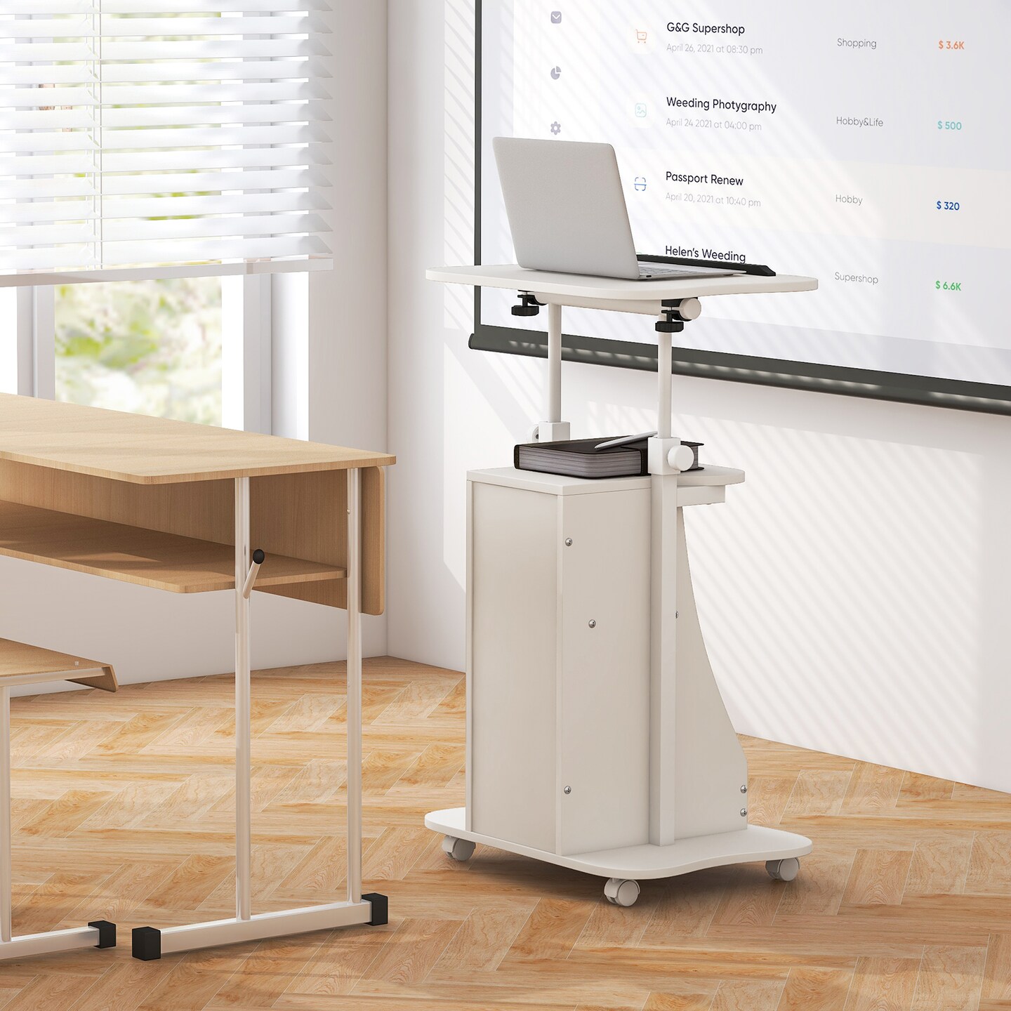 Mobile Podium Stand Height Adjustable Laptop Cart with Tilting Tabletop and Storage Compartments