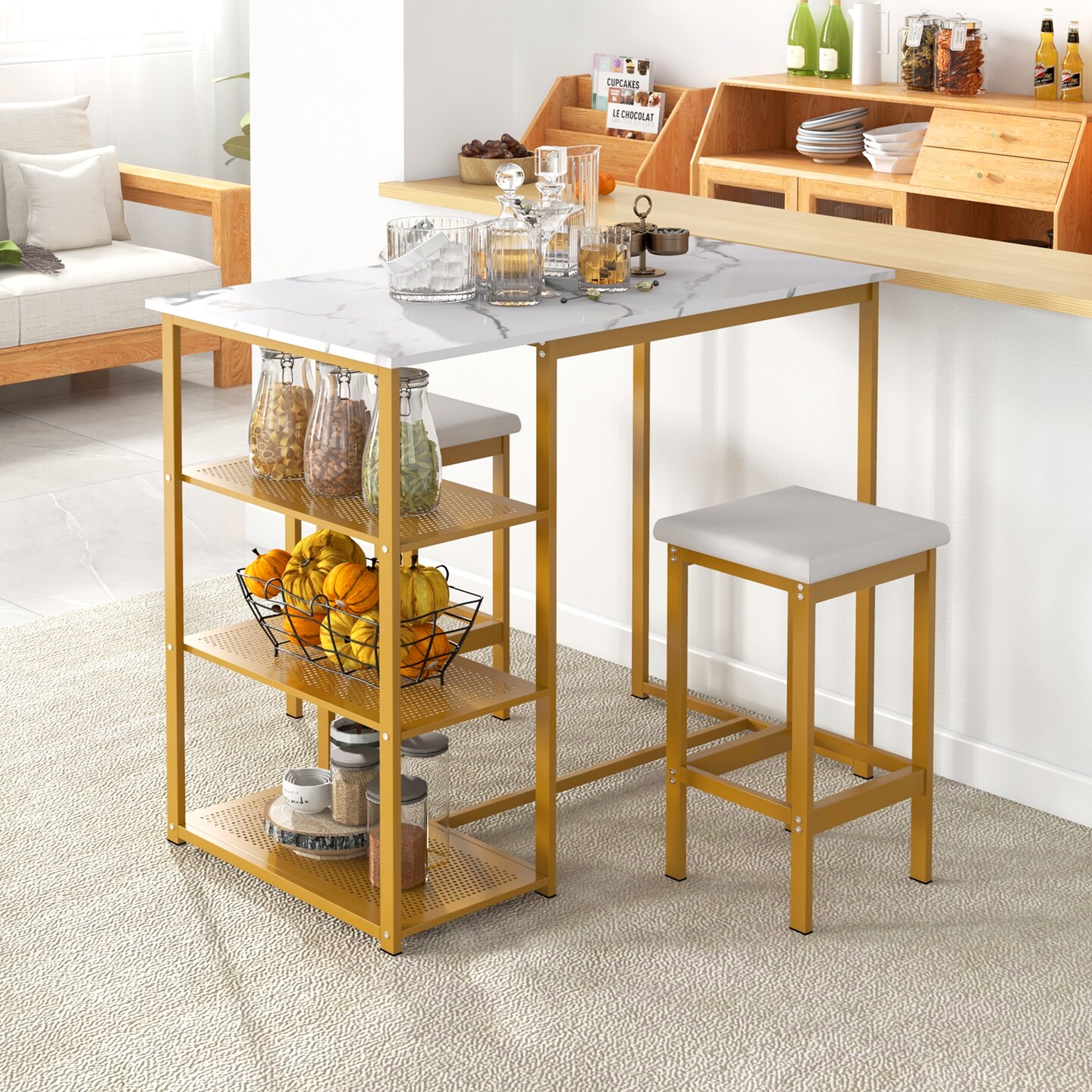 3 Pieces Gold Bar Table Set For 2 With 3-tier Storage Shelves-golden