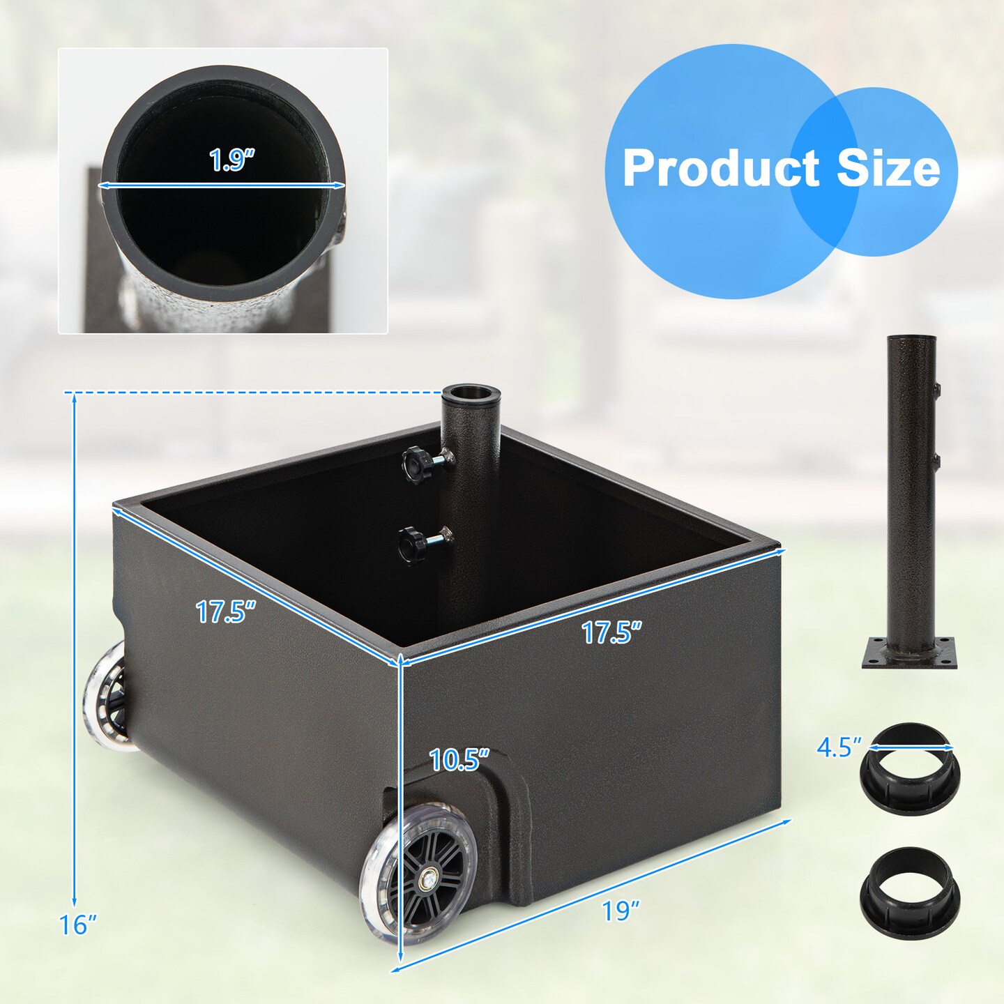 Black Patio Umbrella Base Stand with Wheels Planter Fill able Design