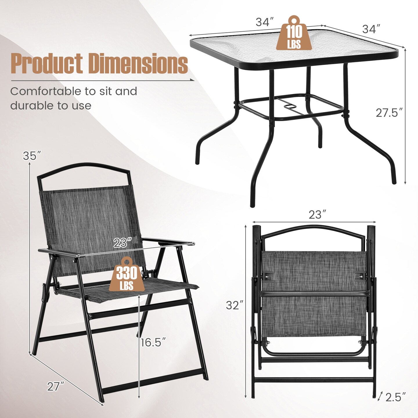 Patio Dining Set For 4 With Umbrella Hole-gray