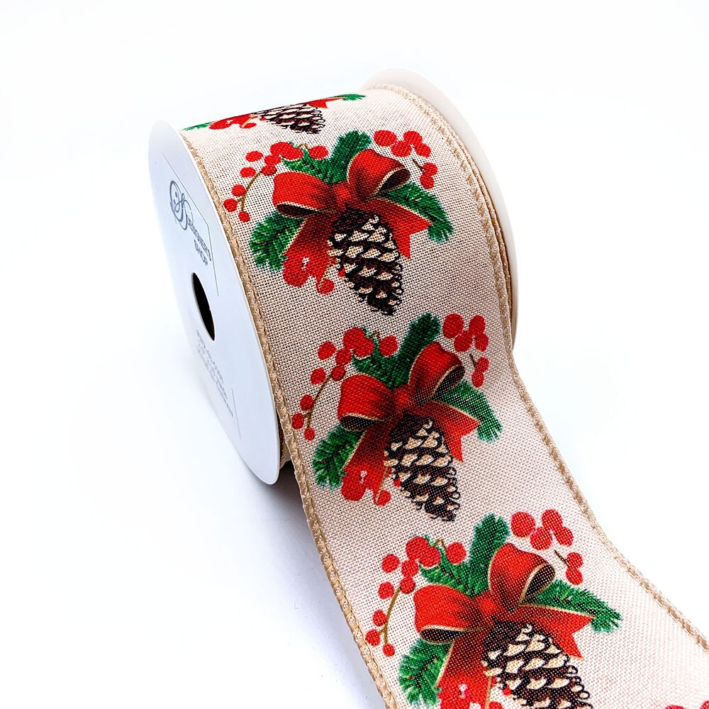 Designer&#x27;s Shop Holiday Holly Berries Red Bow and Pinecone wired edge Ribbon, 2.5&#x22; x 10 yards