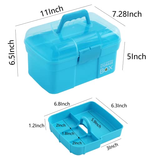11'' Plastic Storage Box with Removable Tray, Multipurpose Organizer and Storage Case for Art Craft and Cosmetic (Blue)