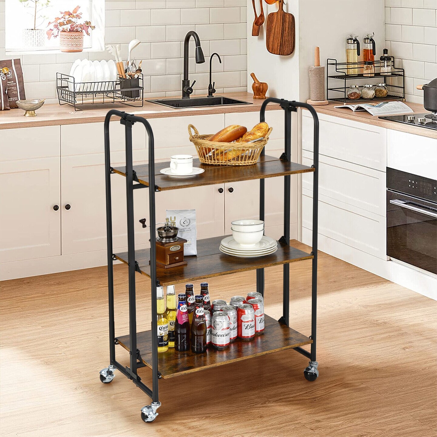 Rustic Brown Wooden Foldable Rolling Cart with Metal Frame and Storage Shelves Suitable to Any Room