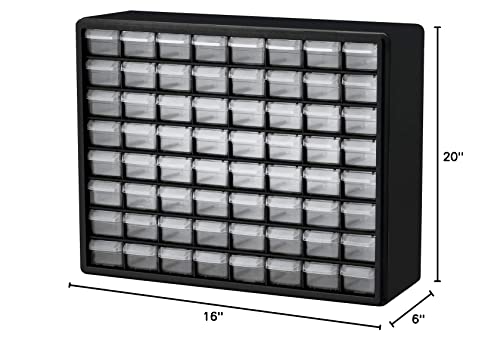 Akro-Mils 10164, 64 Drawer Plastic Parts Storage Hardware and Craft Cabinet, 20-Inch W x 6-Inch D x 16-Inch H, Black