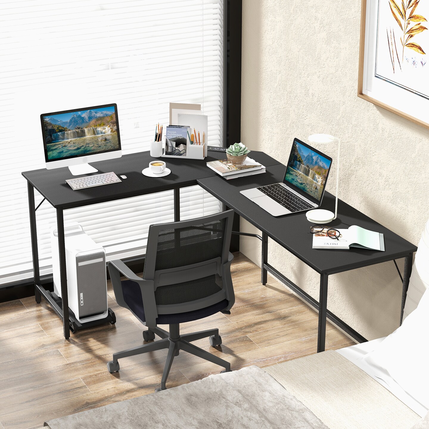 L-Shaped Computer Desk with CPU Stand Power Outlets and USB Ports