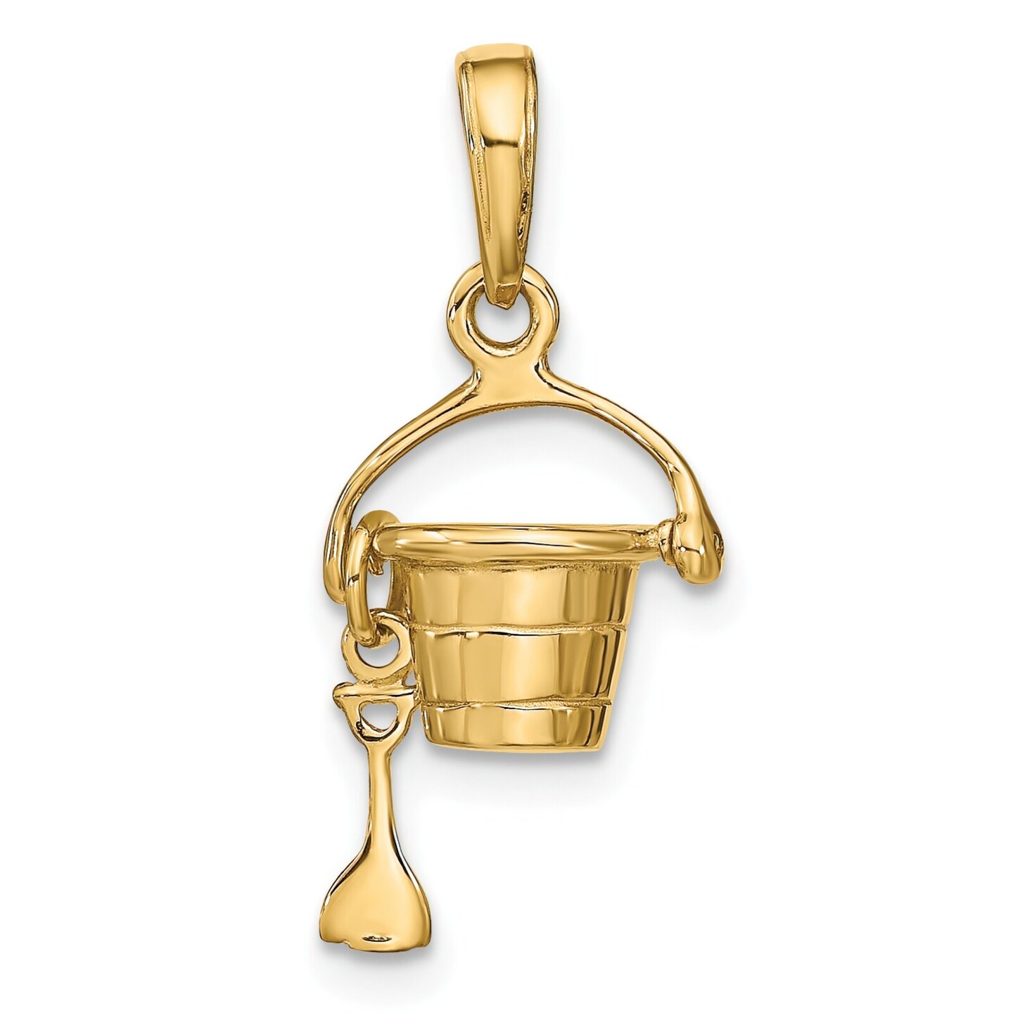 14K Yellow Gold 3D Beach Bucket &#x26; Shovel Charm Pendant Jewerly 21mm x 12mm