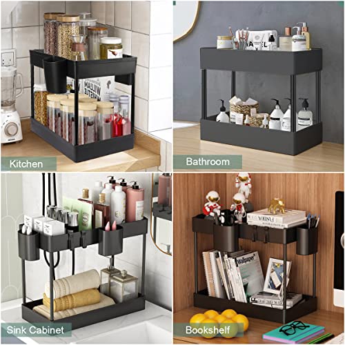 2 Packs Under Sink Organizer and Storage, Stackable Kitchen Bathroom  Organizer 2 Tier Under the Sink Organizers Multi-Usage Counter Cabinet  Organizers Bath Shelf Baskets w 4 Hanging Cup Hooks, Black