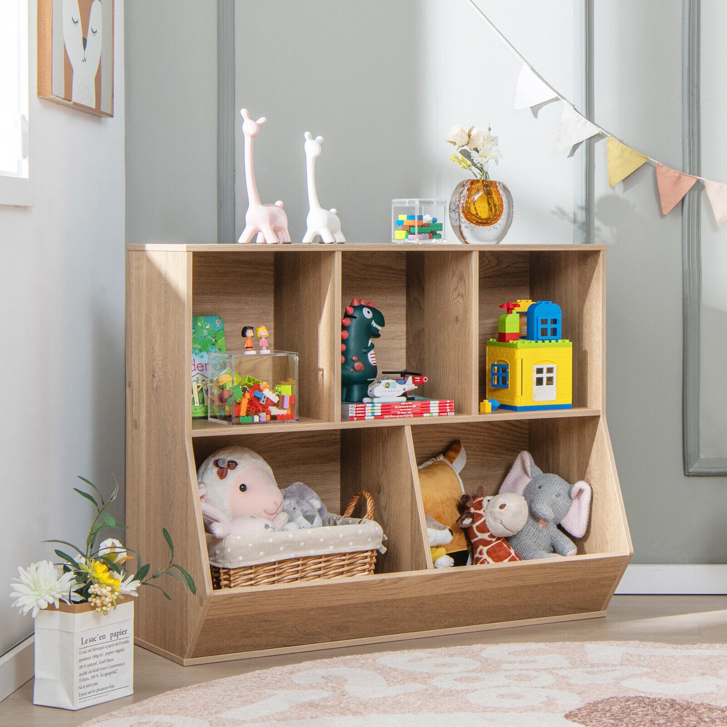 5-Cube Wooden Kids Bookshelf Organizer with 3 Upper Cubes for Books and 2 Large Cubes for Toys