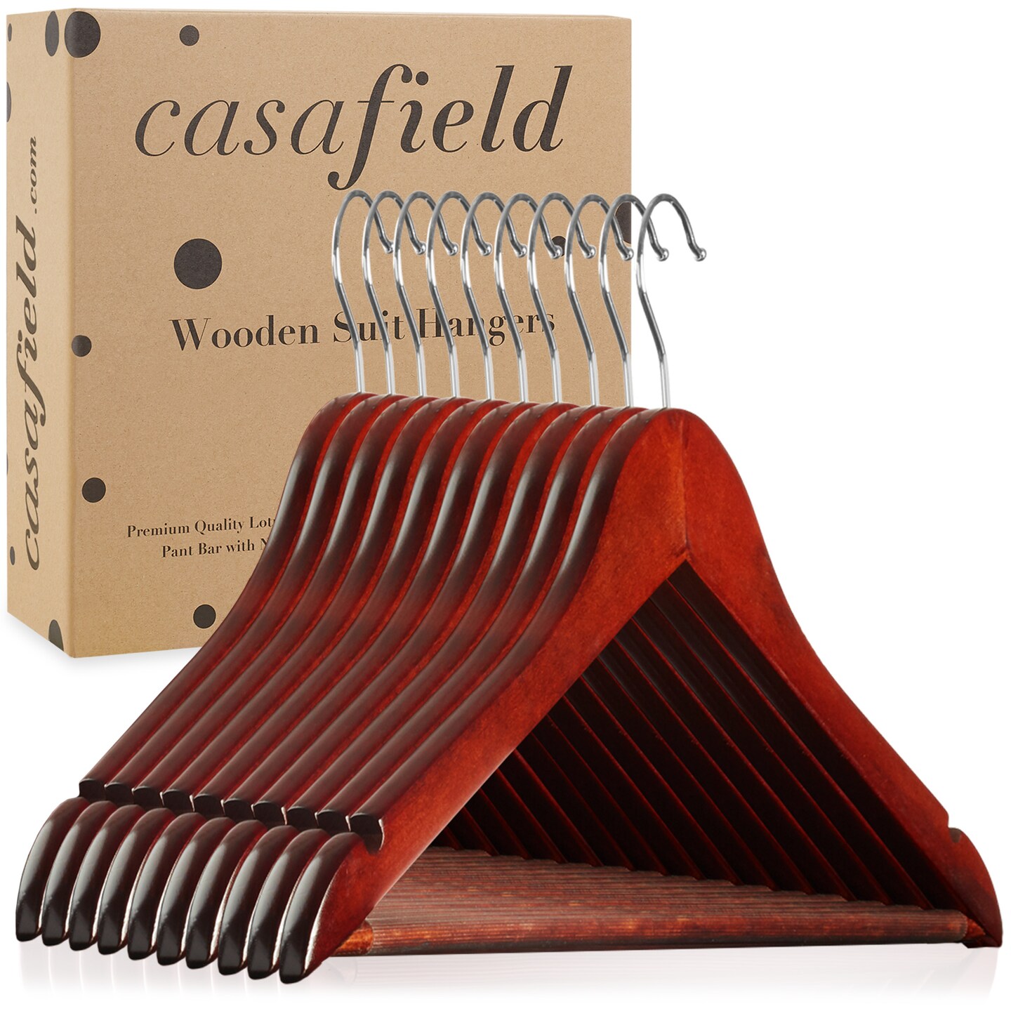 Casafield - 10 Wooden Suit Hangers - Premium Lotus Wood with Notches &#x26; Chrome Swivel Hook for Dress Clothes, Coats, Jackets, Pants, Shirts, Skirts