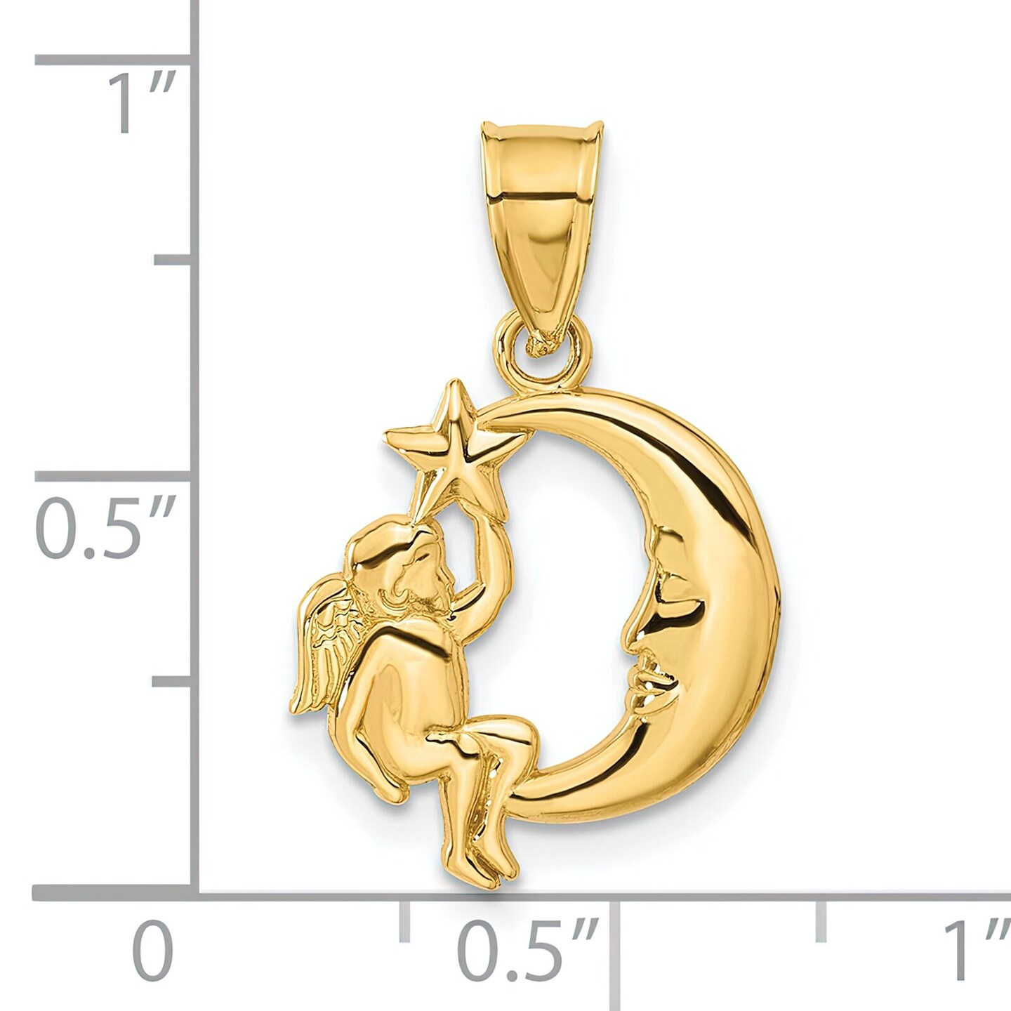 14K Yellow Gold Angel Star & Moon Charm Pendant Jewerly 22mm x 15mm