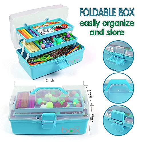12'' Three-Layer Multipurpose Storage Box Organizer Folding Tool Box/Art & Crafts Case/Sewing Supplies Organizer/Medicine Box/Family First Aid Box with 2 Trays (Blue)