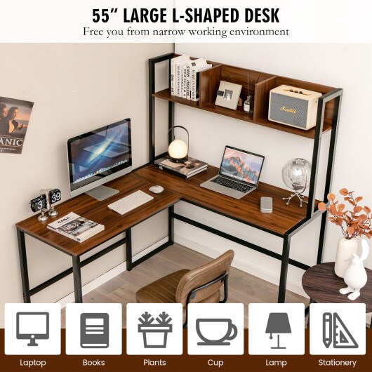 Reversible L-Shaped Corner Desk with Storage Bookshelf and Open Storage Hutch