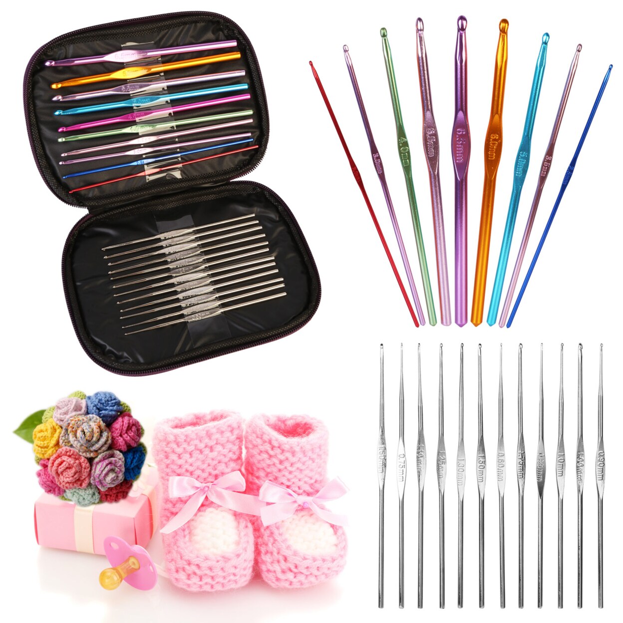 22Pcs Multi-Color Aluminum Crochet Hook Set With Storage Bag For Sewing Projects